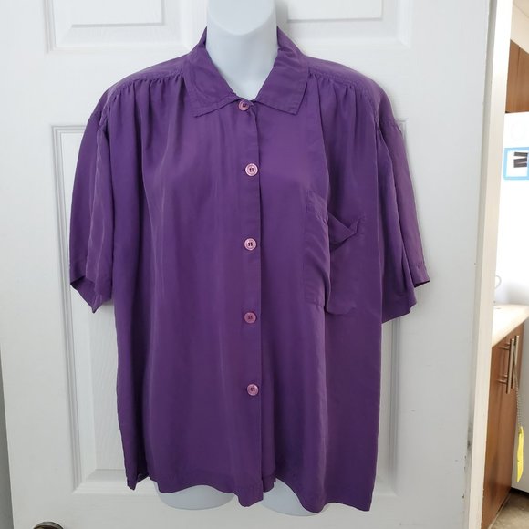 Tangiers Womens 100% Silk Purple Short Sleeve Blouse L Large - Picture 1 of 3